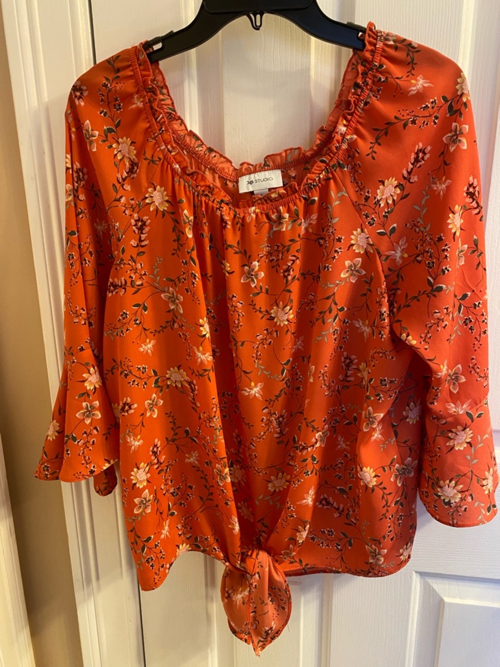AB Studio Orange Floral Tie-Front Blouse